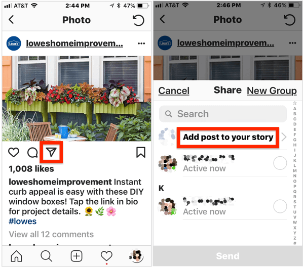 Για να προσθέσετε μια δημόσια ανάρτηση στην ιστορία σας στο Instagram, ανοίξτε την ανάρτηση, πατήστε το εικονίδιο του αεροπλάνου κάτω από την εικόνα και, στη συνέχεια, επιλέξτε Προσθήκη ανάρτησης στην ιστορία σας από το αναδυόμενο μενού.