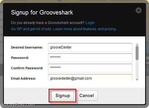 Διαδικασία εγγραφής Grooveshark