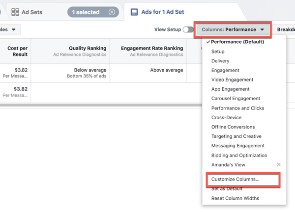 Προσαρμογή του Facebook Ads Manager για προσαρμογή των στηλών.