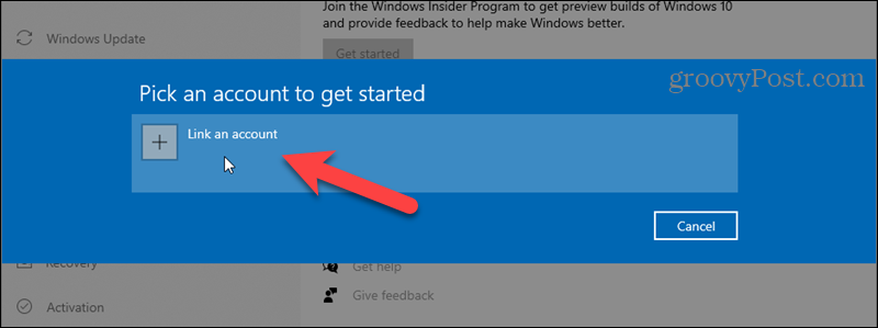 Κάντε κλικ στην επιλογή Σύνδεση λογαριασμού για το πρόγραμμα Windows Insider