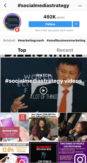 Πώς να αναπτύξετε στρατηγικά το Instagram σας ακολουθώντας το βήμα 11, να βρείτε σχετικές αναρτήσεις, δείγμα αναζήτησης για βίντεο "#socialmediastrategy"