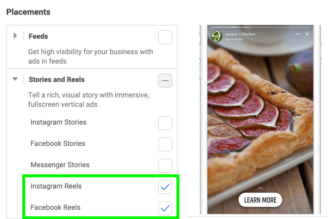 εικόνα των τοποθετήσεων διαφημίσεων Stories και Reels στο Meta Ads Manager