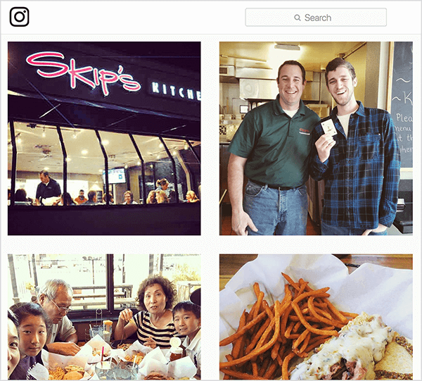 Αυτό είναι ένα στιγμιότυπο οθόνης των φωτογραφιών Instagram με ετικέτα #skipsdiner. Το ένα δείχνει το εξωτερικό του εστιατορίου, το ένα δείχνει έναν άνδρα να κρατάει μια κάρτα σαν να έχει κερδίσει το παιχνίδι Τζόκερ, ένα δείχνει μια οικογένεια να τρώει σε ένα τραπέζι και ένα δείχνει το φαγητό που κάποιος παραγγέλνει. Ο Τζέι Μπάερ λέει ότι το παιχνίδι Τζόκερ είναι ένα παράδειγμα σκανδάλης ομιλίας.