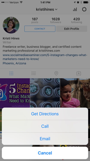 Επιλογές επαφής επιχειρηματικού προφίλ instagram