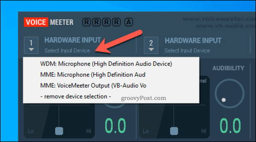 Ορίστε μια επιλογή εισαγωγής υλικού VoiceMeeter