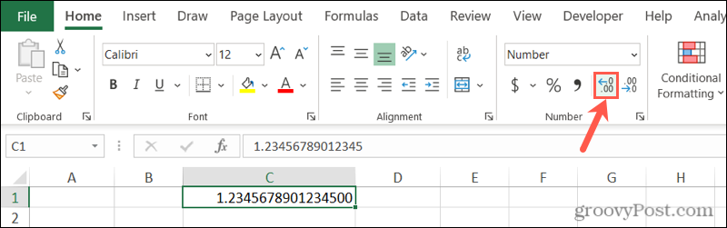 Διακοπή στρογγυλοποίησης αριθμών Excel με το κουμπί αύξησης δεκαδικού