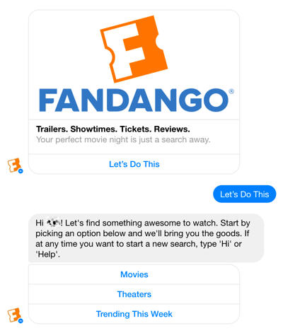 Το chatbot του Facebook Messenger του Fandango βοηθά τους χρήστες να επιλέξουν ταινίες.