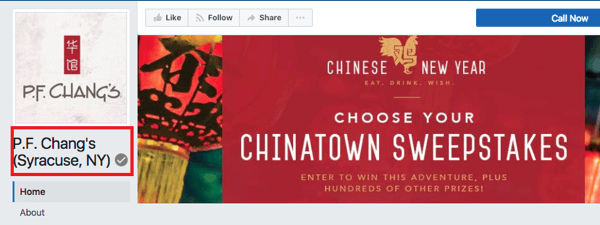 Η τοποθεσία του PF Chang's Syracuse, NY έχει ένα γκρίζο σήμα για να δηλώσει ότι είναι μια επαληθευμένη σελίδα στο Facebook.