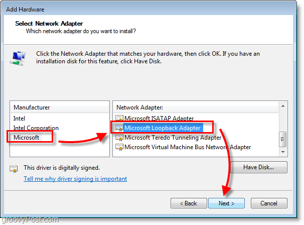 Windows 7 Networking Screenshot επιλέξτε microsoft> microsoft loopback προσαρμογέα