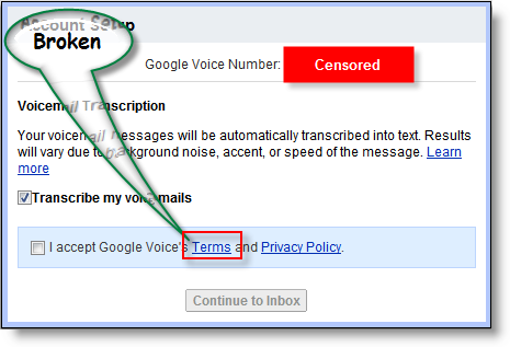 Οι σύνδεσμοι των Όρων Παροχής Υπηρεσιών του Google Voice έχουν καταργηθεί