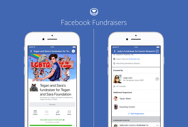 Οι σελίδες Facebook για επωνυμίες και δημόσια πρόσωπα μπορούν πλέον να χρησιμοποιούν τους έρανους του Facebook για να συγκεντρώσουν χρήματα για μη κερδοσκοπικούς σκοπούς και οι μη κερδοσκοπικοί οργανισμοί μπορούν να κάνουν το ίδιο στις δικές τους σελίδες.