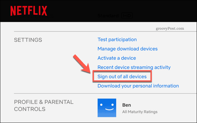Αποσυνδεθείτε από όλες τις συσκευές Netflix στη σελίδα ρυθμίσεων λογαριασμού Netflix