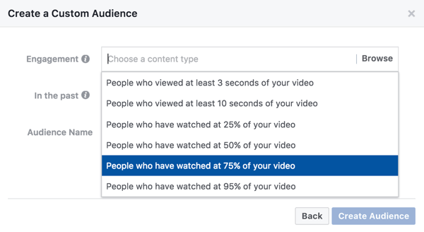 Για ένα προσαρμοσμένο κοινό που βασίζεται στην αφοσίωση βίντεο, μπορείτε να επιλέξετε πόσα από τα βίντεό σας πρέπει να παρακολουθήσει κάποιος για να δει τη διαφήμιση επαναπροσδιορισμού.