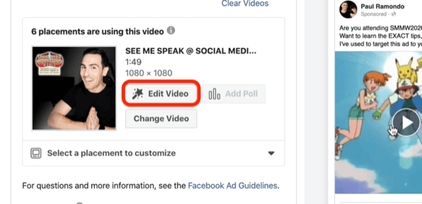 Επεξεργασία επιλογής βίντεο για διαφήμιση βίντεο στο Facebook