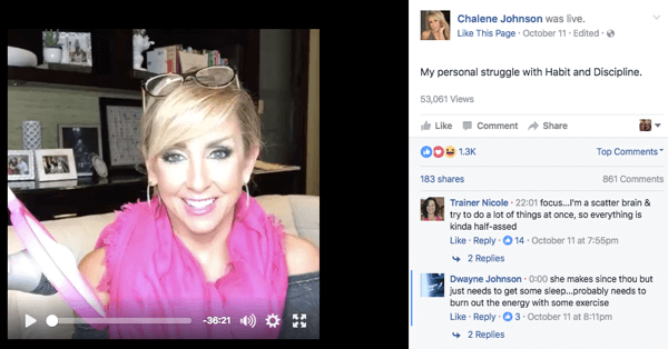 Δημοσίευση βίντεο στο Facebook Live στη σελίδα του Chalene στο Facebook.