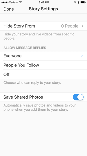 Ελέγξτε τις ρυθμίσεις της Ιστορίας Instagram πριν ξεκινήσετε τη μετάδοση.