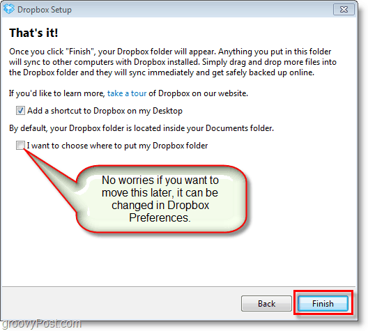 Dropbox screenshot - προσαρμόστε τις τελικές προτιμήσεις και αλλάξτε τη θέση του dropbox