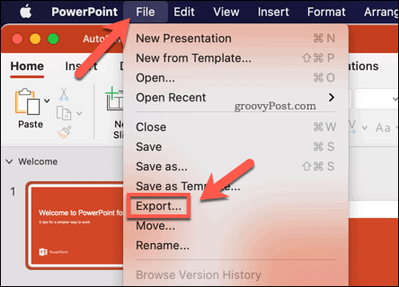 Εξαγωγή παρουσίασης PowerPoint ως βίντεο σε Mac