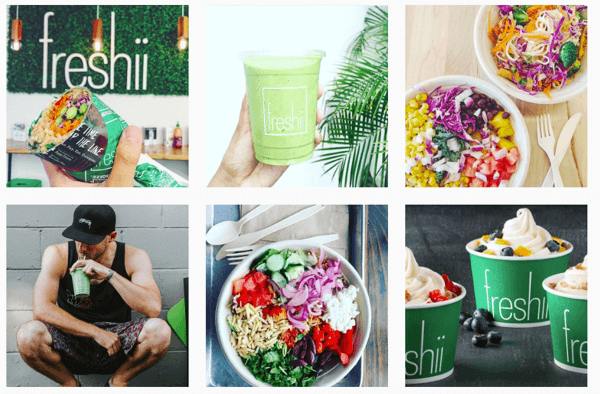 Η Freshii ενσωματώνει το λογότυπό τους σε πολλές από τις φωτογραφίες τους στο Instagram.