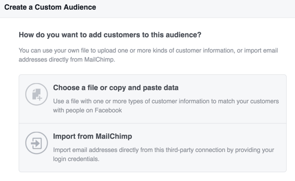 Επιλέξτε πώς θέλετε να ανεβάσετε πληροφορίες πελατών για να δημιουργήσετε το προσαρμοσμένο κοινό σας στο Facebook.
