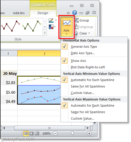αλλάξτε τον άξονα των σπινθήρων στο Excel 2010