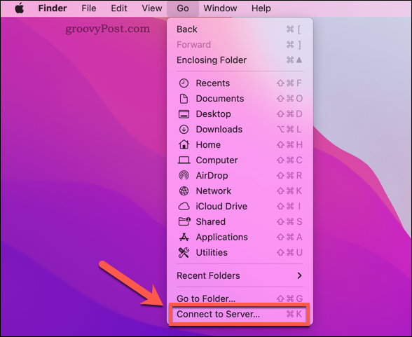 Άνοιγμα της επιλογής Mac Finder Connect to Server