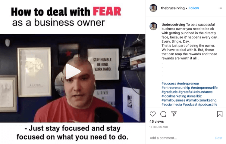 Bruce Irving Instagram ανάρτηση για το πώς να αντιμετωπίσετε τον φόβο ως ιδιοκτήτης επιχείρησης