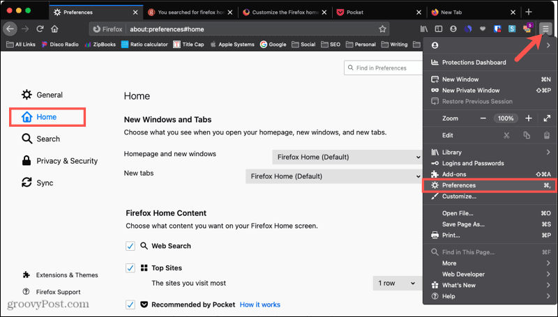 Προτιμήσεις Firefox Home σε Mac