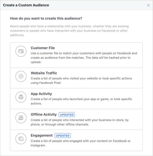 Επιλογές για τη δημιουργία προσαρμοσμένου κοινού στο Facebook