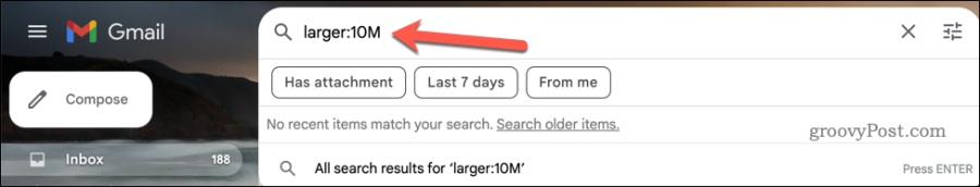 Εκτέλεση μεγαλύτερου: αναζήτηση στη γραμμή αναζήτησης του Gmail