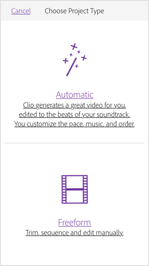 Επιλέξτε Αυτόματο για να δημιουργήσετε το Adobe Premiere Clip ένα βίντεο για εσάς.
