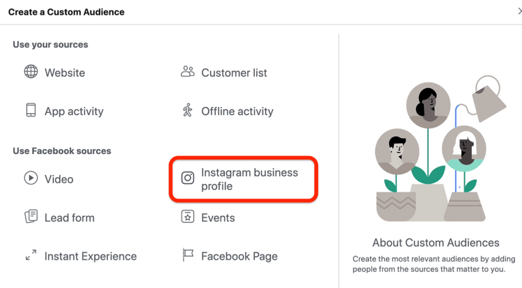 Η επιλογή Instagram Business Profile επιλέχθηκε στο πλαίσιο διαλόγου Δημιουργία προσαρμοσμένου κοινού
