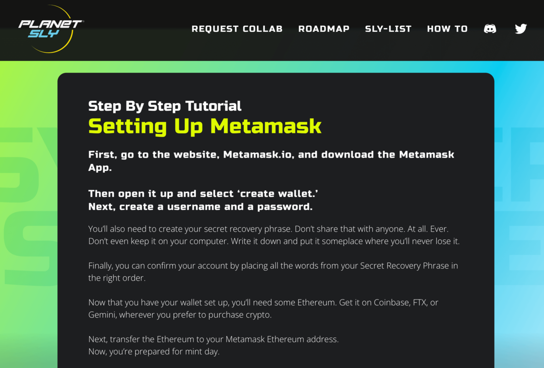 εικόνα του φροντιστηρίου Metamask στον ιστότοπο PlanetSLY