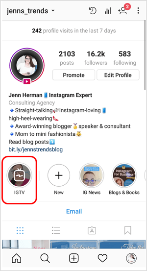 Εικονίδιο IGTV σε προφίλ Instagram