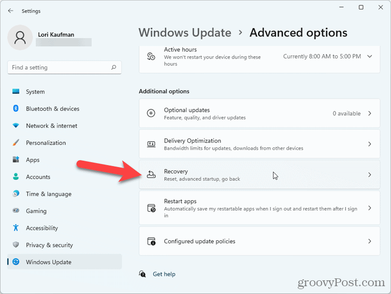 Κάντε κλικ στην επιλογή Ανάκτηση στις Ρυθμίσεις των Windows 11
