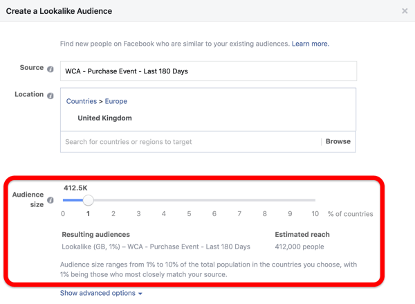 Επιλογή μεγέθους κοινού κατά τη δημιουργία του κοινού σας στο Facebook που μοιάζει με το προσαρμοσμένο κοινό σας.
