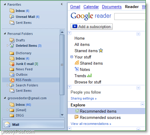 Outlook & Google Αναγνώστης - χρησιμοποιώντας το google reader μέσα στο Outlook