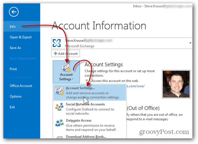 Προσθήκη γραμματοκιβωτίου Outlook 2013 - Κάντε κλικ στην επιλογή Ρυθμίσεις λογαριασμού πληροφοριών
