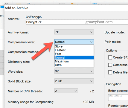 Επιλογές συμπίεσης αρχείων για ένα αρχείο αρχειοθέτησης 7zip στα Windows 10