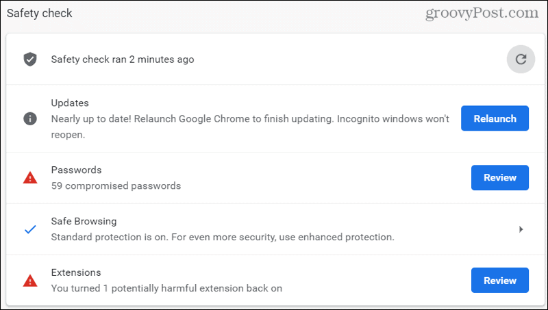 Αποτελέσματα ελέγχου ασφάλειας Chrome