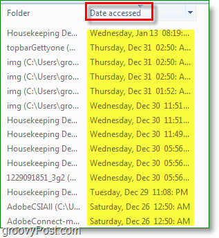 Στιγμιότυπο οθόνης των Windows 7 χρησιμοποιώντας την ημερομηνία πρόσβασης στην αναζήτηση.
