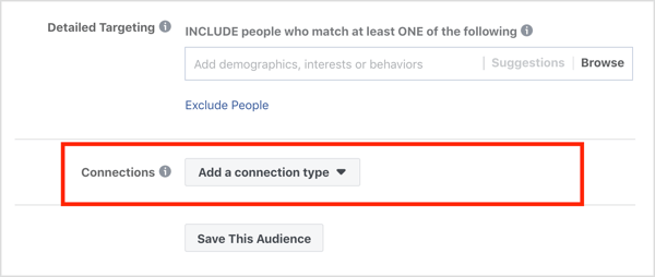 Ενότητα συνδέσεων στην ενότητα Κοινό της διαφημιστικής καμπάνιας στο Facebook.