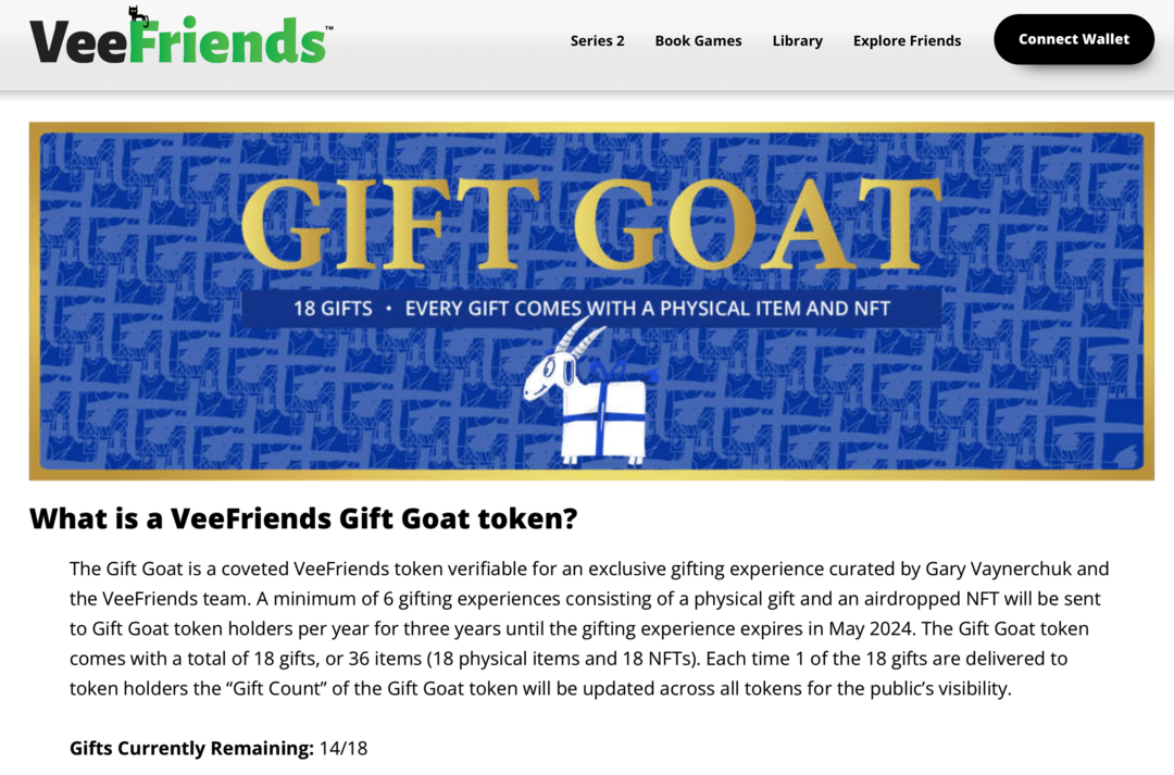 εικόνα των προνομίων συμβολικών δώρων VeeFriends Goat στον ιστότοπο VeeFriends