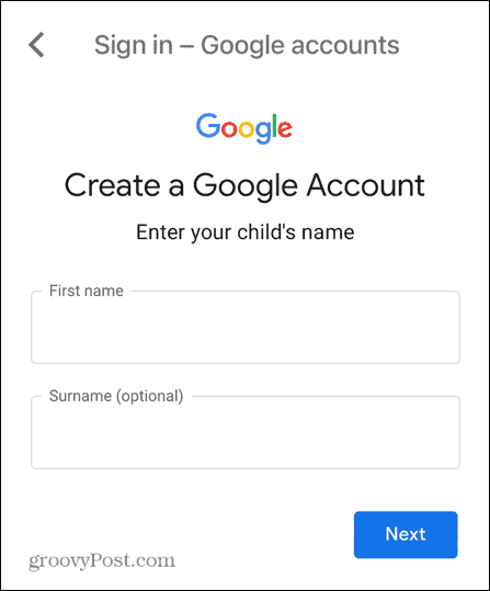 όνομα παιδιού λογαριασμού gmail