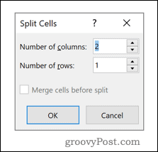 Μενού επιλογών Word Split Cells