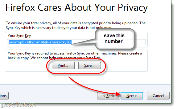 αποθηκεύστε το κλειδί συγχρονισμού του Firefox, πολύ σημαντικό