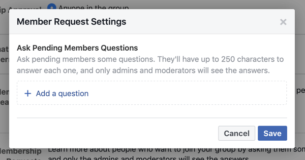 Πώς να βελτιώσετε την κοινότητα της ομάδας σας στο Facebook, παράδειγμα ρυθμίσεων αιτήματος μέλους της ομάδας Facebook που επιτρέπει ερωτήσεις νέων μελών