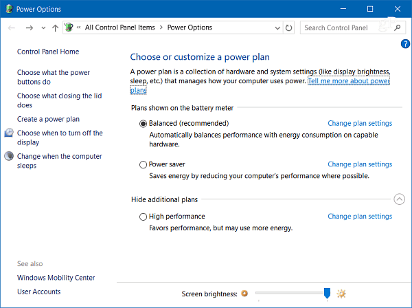 Επιλογές ενέργειας Windows 10