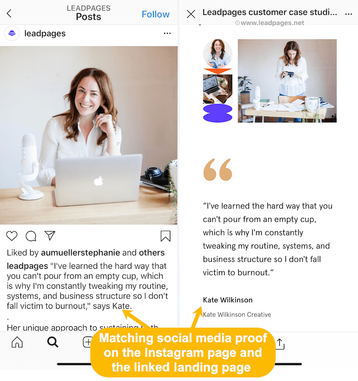 αντιστοίχιση ιστοριών πελατών στη ροή Instagram και συνδεδεμένη σελίδα προορισμού