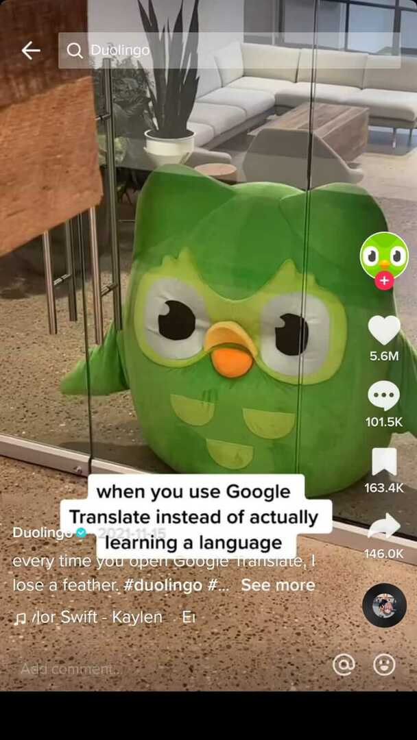 how-to-get-more-from-tiktok-content-sustainable-adopt-creator-persona-mascot-duolingo-example-6